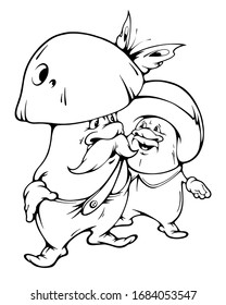 Two moustached mushrooms discuss the past warm rain in the forest