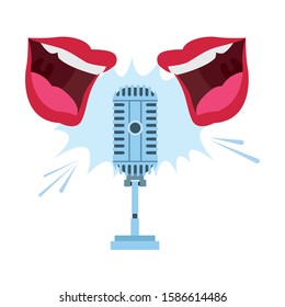 two mouths speaking to retro microphone icon over white background, vector illustration