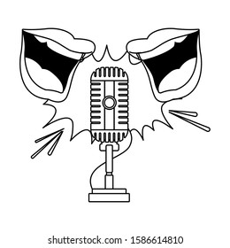 two mouths speaking to retro microphone icon over white background, flat design, vector illustration