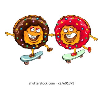 Two mouth-watering donuts ride on skateboards. One of them is happy, the other is afraid. Chocolate and strawberry desserts. Vector illustration