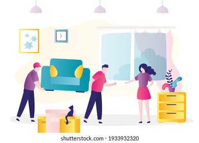 Dos amantes traen un sofá al apartamento. El personaje femenino se mueve a un nuevo hogar. Una mujer linda que desmancha artículos domésticos. Los cargadores ayudan a la chica con la reubicación. El concepto de casa móvil. Ilustración vectorial plana