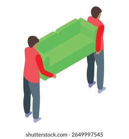 Two movers are carefully carrying a green sofa, illustrating a professional moving service