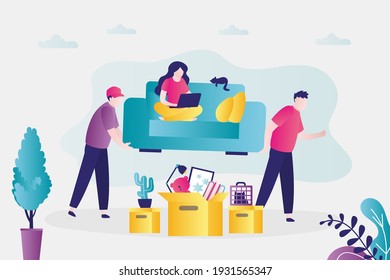 Two movers carry sofa out of apartment. Female character moves to new home. Cartoon men help woman with move. Toys and things packed in boxes. Relocation concept. Trendy flat vector illustration