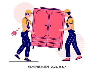 Two movers carrying closet, flat vector illustration. Relocation. Moving company service. Furniture delivery.