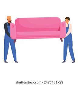 Two movers carrying a pink sofa, delivery service and relocation concept