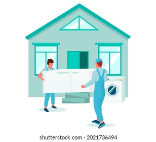 Two movers carrying refrigerator into the house, flat vector illustration. Relocation. Moving company service. Electronic delivery, cargo transportation.