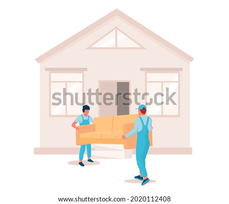 Two movers carrying sofa into the house, flat vector illustration. Relocation. Moving company service. Furniture delivery.