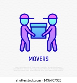 Two movers are holding the box. Thin line icon. Modern vector illustration of delivery service, moving service.