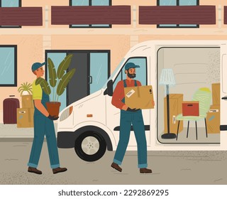 Two movers man holding and carrying cardboard box and loading truck. House move and relocation service concept vector illustration. Delivery van with home stuff and furniture