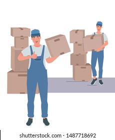 Two movers in overalls engaged in loading and unloading operations. Vector illustration of the human profession