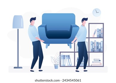 Two movers take sofa out of apartment. Interior design living room. Transportation service. Workmen help with relocation. Workers take furniture out of house. Moving in new home. Vector illustration