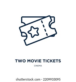 Two Movie Tickets Icon From Cinema Collection. Thin Linear Two Movie Tickets, Movie, Concert Outline Icon Isolated On White Background. Line Vector Two Movie Tickets Sign, Symbol For Web And Mobile