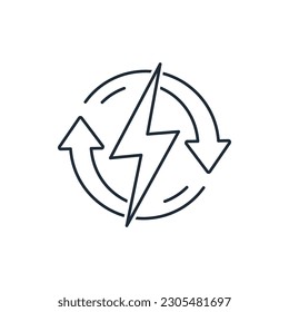 Two moving arrows and a lightning sign. Additional, extra spare energy.Reserve.Vector linear icon isolated on white background.