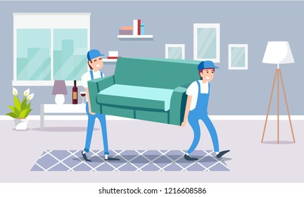 Two moving delivery company workers move hold carry green sofa. Cartoon style flat vector illustration