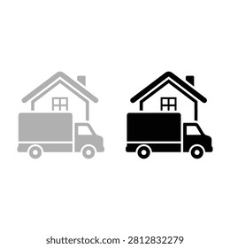 Two moving trucks with houses on top, symbolizing relocation and moving services, simple icons
