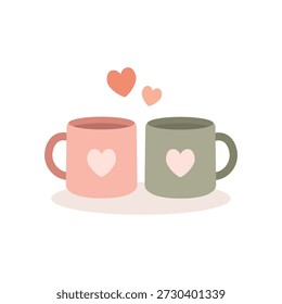 Duas canecas com corações. Ilustração vetorial.