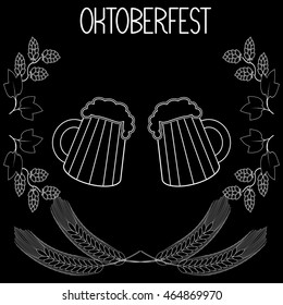 Two mugs of beer, barley, hops, Oktoberfest.  Hand draw, sketch.
