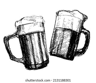 Dos tazas de cerveza aplauden en una tostada con espuma de cerveza. Dibujo manual para el diseño de menús de restaurantes, pubs, bares, afiches para Festival, Oktoberfest, cervecería, pancartas. Esbozo vectorial 