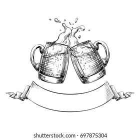 Two Mugs of Beer clink at a Toast with a Splash of beer foam, Ribbon for text below. Hand drawn illustration for design menu restaurants, pubs, brewery, Festival posters, Oktoberfest, banners. Vector