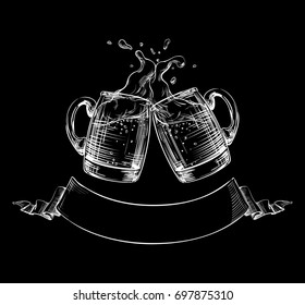 Two Mugs of Beer clink at a Toast with a Splash of beer foam, Ribbon for text below. Hand drawn illustration for design menu restaurants, pubs, bar, brewery, Festival posters. White on black, Vector