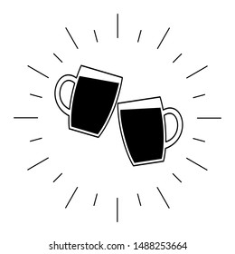 two mugs of beer clink. vector illustration. pub. black outline on white background.