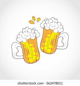 Two mugs of beer. Drink. Alcohol. The object logo. Graphic arts. Sketch.