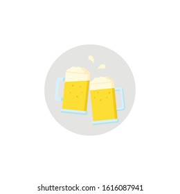 Two mugs of beer in a flat style in a gray circle.