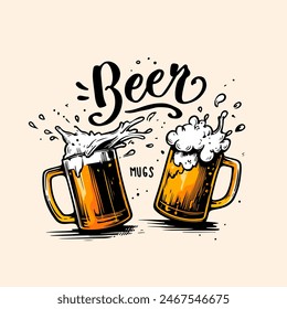 Dos tazas de cerveza con espuma. Ilustración vectorial plana sobre fondo blanco