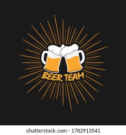 Two mugs of beer with foam on the background of a salute and the inscription beer team. Vector illustration. Flat design.