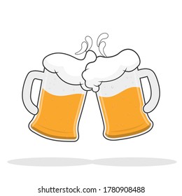 Two mugs of beer with foam. Vector illustration. Flat design.
