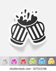 two mugs of beer paper sticker with shadow. Vector illustration