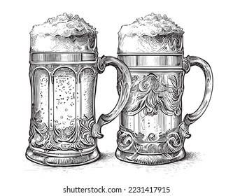 Two mugs of beer retro sketch hand drawn engraved style Vector illustration