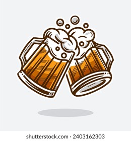 dos tazas de ilustración del vector de cerveza. Bebe cerveza con mucha espuma. Estilo de caricatura. Aislado sobre fondo blanco. Diseño para banner, afiche, tarjetas de felicitación, web, invitación a fiesta.