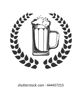 Two Mugs of beer with wreath. Oktoberfest logotype or icon. Vector illustration isolated on white background. Beerfest icon.