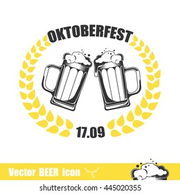 Two Mugs of beer with wreath. Vector illustration isolated on white background. Icon for Beerfest and Oktoberfest, beer bar, menu or beer shop.