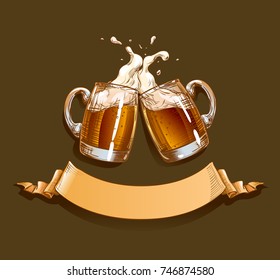 Two Mugs of Dark Beer clink at a toast with a splash of beer foam. Design template with ribbon for text applicable for menu restaurant, pub, bar, Oktoberfest banner, craft brewery, brewing. Vector