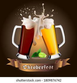 Two mugs with dark and light beer, hops and Oktoberfest inscription.