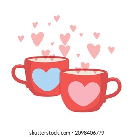 Two mugs with a drink. Design element for love concept. Doodle sketch of mugs with pink steam of hearts.