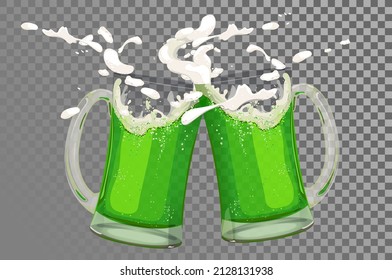 Dos tazas de cerveza fresca. La cerveza verde es una bebida tradicional el Día de San Patricio en Irlanda. Un brindis a la buena suerte. Ilustración vectorial para menú de cervecería, pub, invitaciones para fiestas.