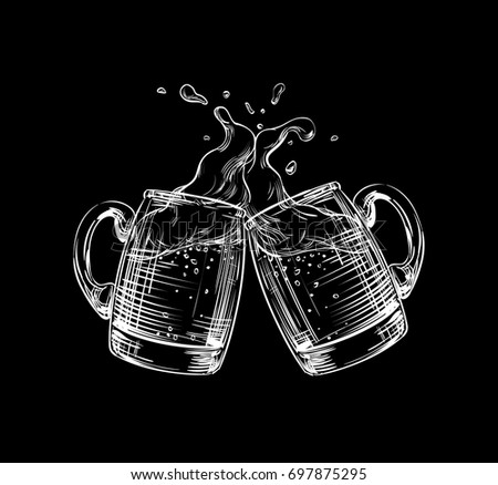 Two Mugs, Glasses of Beer clink at a toast with a splash of beer foam. Hand drawn illustration for design menu restaurant, pub, bar, posters for the Festival, brewery, banners. White on black, Vector 