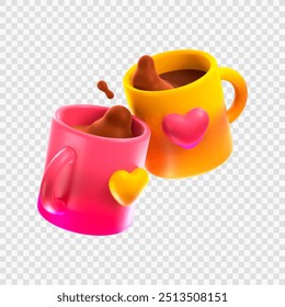 two mugs with hearts 3d style isolated vector special for love themes and valentine's day