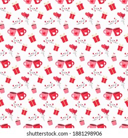 Two mugs with hearts, cupcake, gifts and red hearts. Festive pattern for Valentines day. Vector on a white background. For wrapping paper, fabric, scrapbooking and decoration.