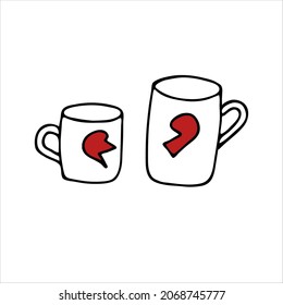 Two mugs for hot drinks, hand-drawn. Doodle style. A mug with a heart for lovers. Valentine's Day symbol for print, internet, mobile devices and infographics, isolated on a white background.