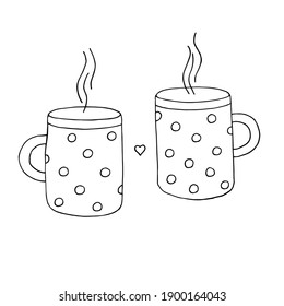 Dos tazas con puntos de polka. Copas con una bebida caliente. Amor. Romance. Día de San Valentín. Ilustración del doodle dibujada a mano por vectores. contorno en blanco y negro