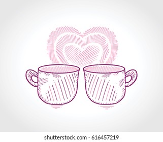 Two mugs with a romantic heart in the white background