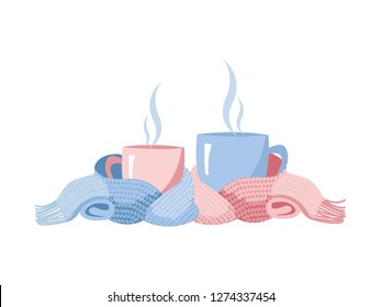 Two mugs in scarf. Cozy composition of 2 cups in blue nad pink color. Mugs, wrapped in a knitted warm scarf. warming atmosphere for coffe and tea party. Flat cartoon illustration on white background