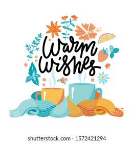 Two mugs in scarf. Cozy composition of 2 cups with lettering Warm wishes. Mugs, wrapped in a knitted warm scarf. warming atmosphere for hanging out. Flat cartoon style illustration on white background