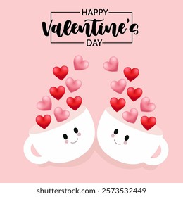 Two mugs with smiling faces filled with red and pink hearts symbolize love and affection Happy Valentine's Day in festive font with scattered hearts creates a romantic atmosphere