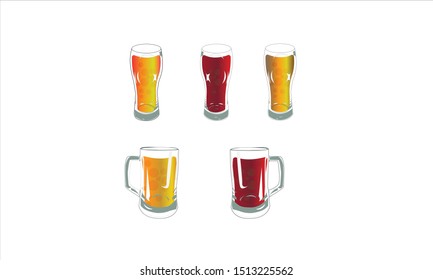 Two mugs and three glasses with dark and light beer or another carbonated drink. Suitable for decorating menus, banners, invitations, flyers