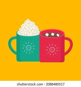 Dos tazas con bebidas de invierno para uso en clipart. Imagen vectorial aislada en un fondo amarillo para el diseño de banners o sitios web